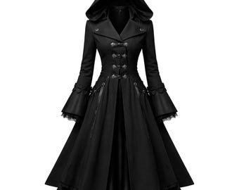 Casaco comprido gótico vitoriano feito à mão – Trench coat preto com capuz, estilo Dark Academia