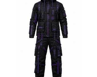 Men's Black Purple Gothic Techwear Suit | Cyberpunk Tactical Hoodie Cargo Pants