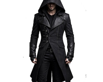 Casaco comprido masculino gótico com capuz – Jaqueta trench coat preta estilo assassino medieval