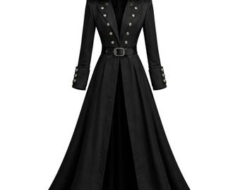 Casaco longo gótico preto, trench coat maxi de inspiração vitoriana, moda alternativa de inverno.