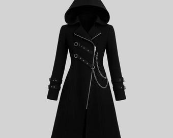 Casaco de lã gótico feito à mão para mulheres | Jaqueta vitoriana steampunk | Sobretudo de bruxa para Halloween