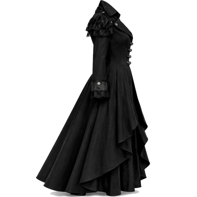 May include: A long, black coat with a Victorian-inspired design. The coat features a high collar, decorative buttons, and lace accents on the shoulders and cuffs. The skirt has a layered, asymmetrical hemline, creating a dramatic silhouette.