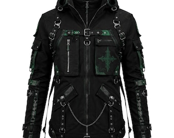 Black Green Gothic Techwear Jacket: Cyberpunk Streetwear Hoodie, Punk Tactical Style