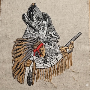 Native Warrior and Howling Wolf Embroidery Design, Indian Chief with Wolf Spirit Machine Embroidery Files, Tribal Mascot Digital Download