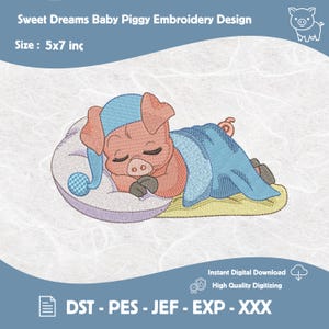 Sweet Dreams Baby Piggy Embroidery Design, Sleeping Pig with Nightcap PES, Blue Blanket Piglet Machine Embroidery File, Nursery Piggy DST