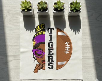 Stickdatei Tiger Fussball Mädchen | Halbes Gesicht Maskottchen | Sport Stickdatei | 5 Größen | DST PES EXP Jef Vp3