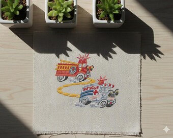 Disegno da ricamo per camion dei pompieri e ambulanza della squadra di soccorso, file ricamato con veicoli di emergenza felici, ricamo per bambini con tema eroe, 120 x 105 mm