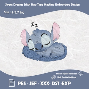 Könnte beinhalten: Ein Stickdesign mit einem schlafenden blauen Cartoon-Charakter mit großen Ohren und geschlossenen Augen, der auf einem blauen Kissen ruht. Der Text "Sweet Dreams Stitch Nap Time Machine Embroidery Design" steht oben, mit Größen von 10, 12 und 18 cm.