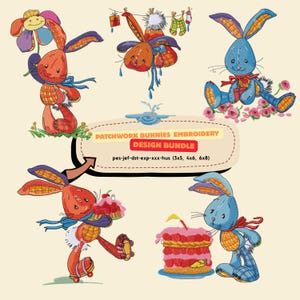 May include: A design bundle featuring embroidered patchwork bunnies in various poses. The bunnies are in orange and blue with floral and cake elements. The text "PATCHWORK BUNNIES EMBROIDERY DESIGN BUNDLE" is included. The bundle includes sizes 7.6x12.7, 10.2x15.2, and 15.2x20.3 cm.