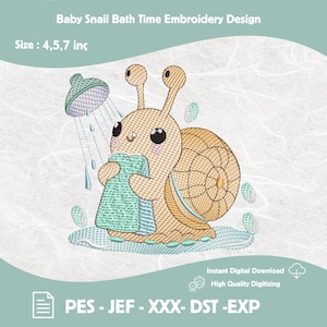 Puede incluir: Un diseño de bordado con un caracol de dibujos animados tomando un baño. El caracol es beige con una concha en espiral y sostiene un paño turquesa. El diseño incluye un cabezal de ducha y gotas de agua. El texto dice "Baby Snail Bath Time Embroidery Design" y "Size: 10.16, 12.7, 17.78 cm".