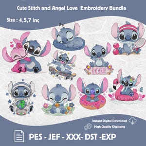 May include: An embroidery bundle featuring various Stitch and Angel designs. The image includes multiple Stitch characters in different poses, such as sleeping, skateboarding, and holding a tennis racket. The text reads "Cute Stitch and Angel Love Embroidery Bundle" and "Size: 4,5,7 inc".