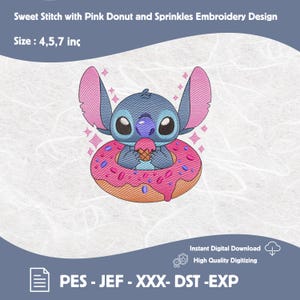 Sweet Stitch with Pink Donut Embroidery Design, Cute Blue Alien Eating Cookie PES, Donut Grow Up Machine Embroidery File, Sprinkles Monster