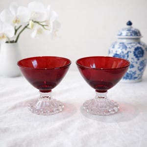 Vintage Ruby Red Coupe Glasses Set of 2 | Retro Dessert Cups | Clear Pedestal Base | Elegant Barware