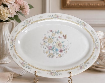 Vintage Made in China Floral Oval Serving Platter, 14” Pastel Flower Butterfly China Tray, Gold Trim Cottagecore Plate Decor