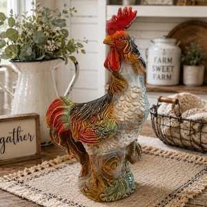 Colorful Glazed Ceramic Rooster Figurine, 13.5” Farmhouse Chicken Decor, Vintage Style Kitchen Shelf Accent