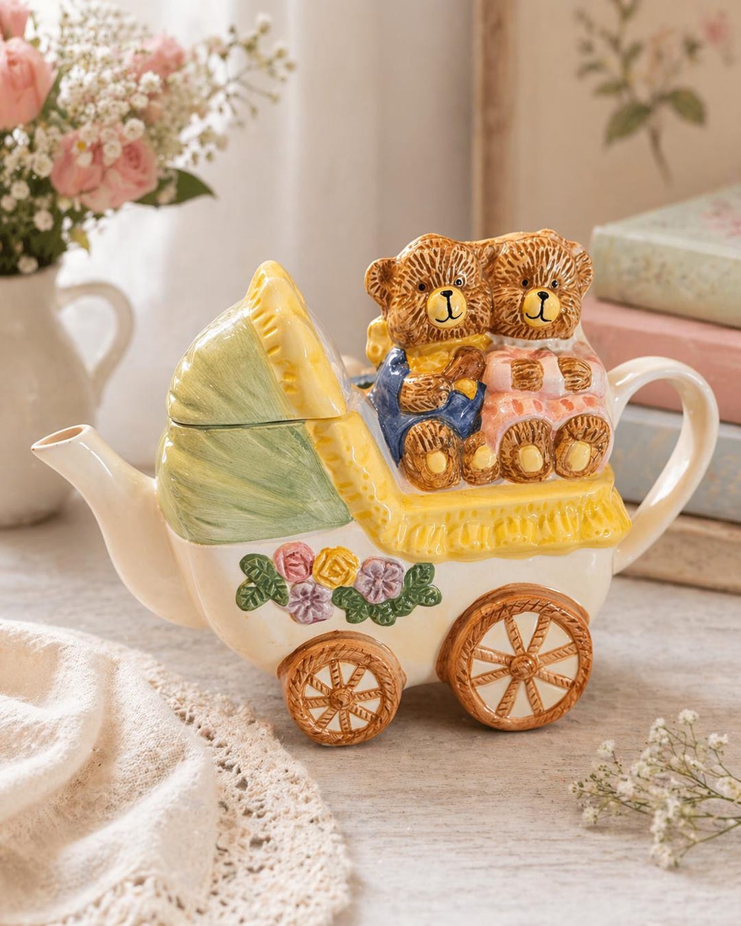 Vintage Style Teddy Bear Baby Carriage Teapot Ceramic Figurine Teapot ...