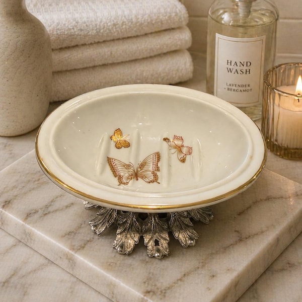 Vintage Inspired Butterfly Soap Dish, Ivory Ceramic Gold Rim, Ornate Silver Leaf Base