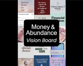 May include: Digital download vision board with affirmations about money and abundance. Includes phrases like "Money flows to me" and "I don't chase, I attract." Features an American Express card and a smartphone.