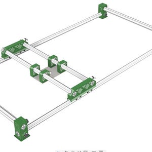 Pode incluir: Renderização 3D de uma estrutura de máquina CNC. A estrutura é construída a partir de trilhos de metal prateado e suportes de canto e suportes de rolamento verdes. O design tem uma forma retangular com suportes internos.