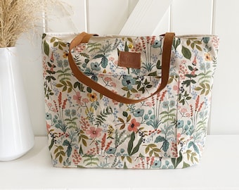 Rifle paper botanical floral in linen chubby tote bag - aesthetic bags - handmade tote