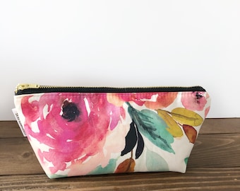 Blush Cluster Floral Watercolor Zipper Wallet Pouch
