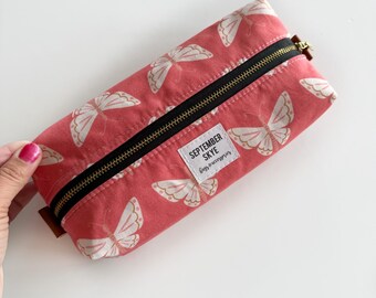 Coral butterfly  print boxy brush pencil bag - makeup bag - storage bag