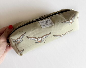 Ready to ship - winter owl - boxy brush pencil bag - makeup bag - storage bag