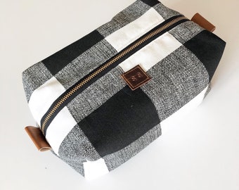 buffalo plaid boxy makeup bag with oyster dot interior