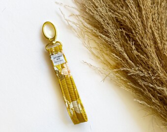 Gold key Fob in mustard sweet floral - wristlet lanyard - new car gift - keychain for women - teen gift