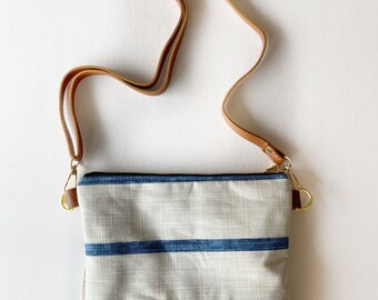 White With Blue Stripe Small Crossbody Bag Faux Leather