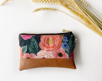 Rifle paper bright floral coin purse with brown faux leather