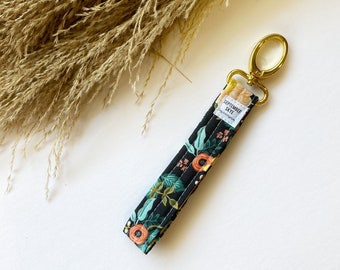 Gold key Fob in rifle paper black and yellow floral - wristlet lanyard - new car gift - keychain for women - teen gift