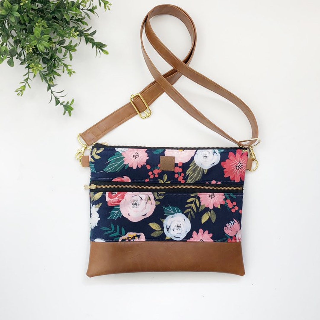 Navy Floral Crossbody Hipster Purse With Brown Faux Leather and Coral ...