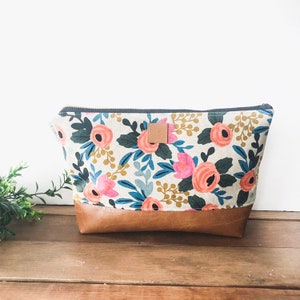 Rifle paper floral makeup bag with brown faux leather