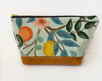 Rifle paper citrus grove makeup bag with faux leather boxed bottom - vanity bag - toiletry bag - bridesmaid gifts - gifts for her