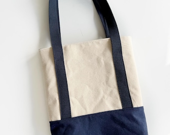 Mini canvas tote in navy blue and cream with navy floral interior / Bible bag / lunch tote / iPad bag / book bag