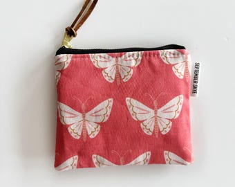 Coral butterfly  print square mini pouch - small organization - gift card holder - gifts for her