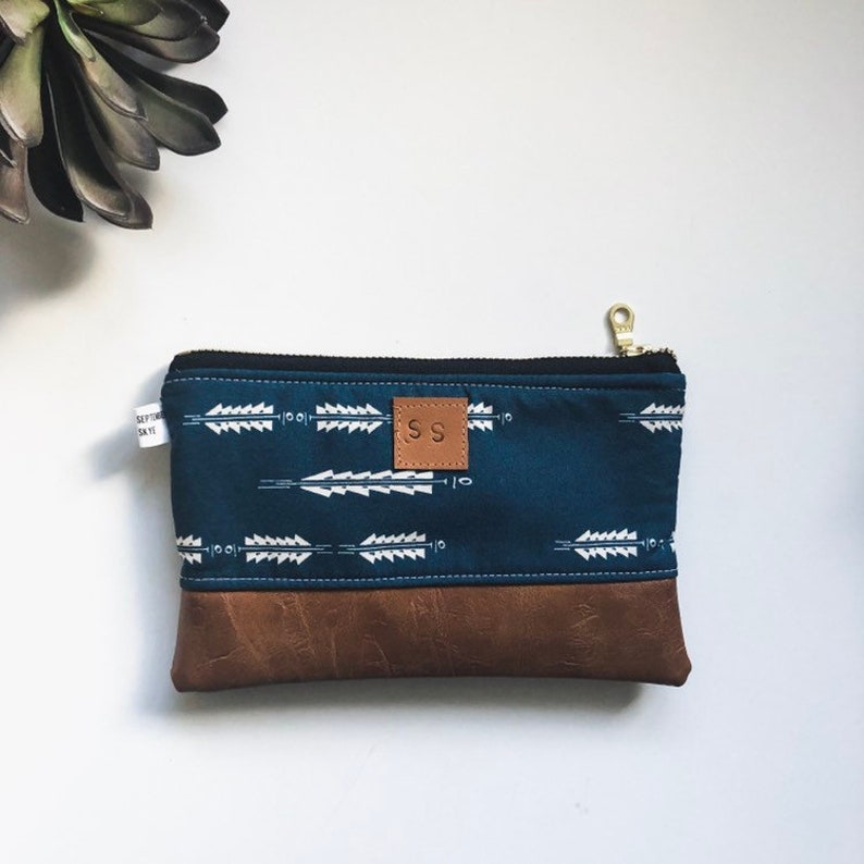 Dark blue tribal coin purse with brown faux leather vegan zipped pouch