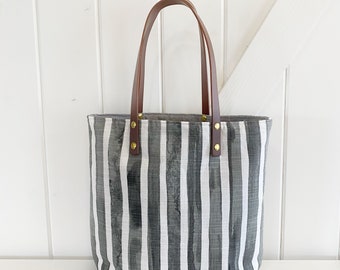 Simple tote in charcoal gray thick vertical stripe - beach bag - canvas tote - aesthetic bags - handmade bag - gifts for her