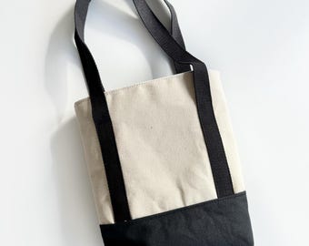 Mini canvas tote in black and cream with black and white striped interior / Bible bag / lunch tote / iPad bag / book bag