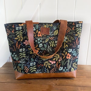 Made to order - Black rifle paper floral with faux leather bottom and leather handles - chubby tote bag - aesthetic bags - handmade tote