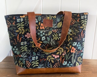 Made to order - Black rifle paper floral with faux leather bottom and leather handles - chubby tote bag - aesthetic bags - handmade tote