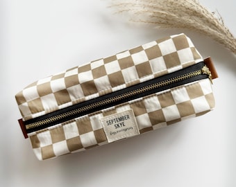 boxy brush pencil bag in brown checkers - makeup bag - storage bag