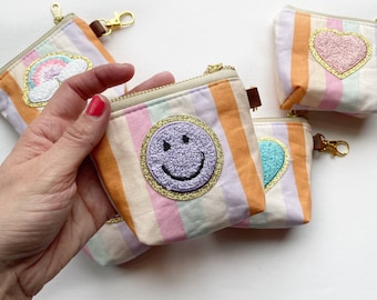 Itty bitty pouch in summer stripes and chenille patch - various patches - heart - rainbow - smiley face - party favor