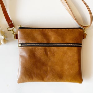 Crossbody all faux leather bag in cognac - choose own interior print - made to order