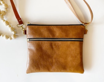 Crossbody all faux leather bag in cognac - choose own interior print - made to order
