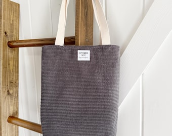 Mini Tote Bag in dark charcoal gray corduroy - Bible tote - lunch bag - kids tote - knitting bag
