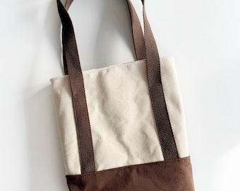 Mini canvas tote in chocolate brown and cream with brown and white checker interior / Bible bag / lunch tote / iPad bag / book bag