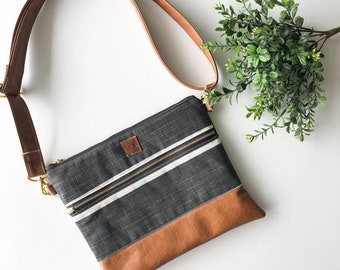 Black farmhouse striped crossbody strap with floral interior