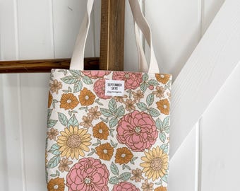 Mini Tote Bag in golden girl floral - Bible tote - lunch bag - kids tote - knitting bag